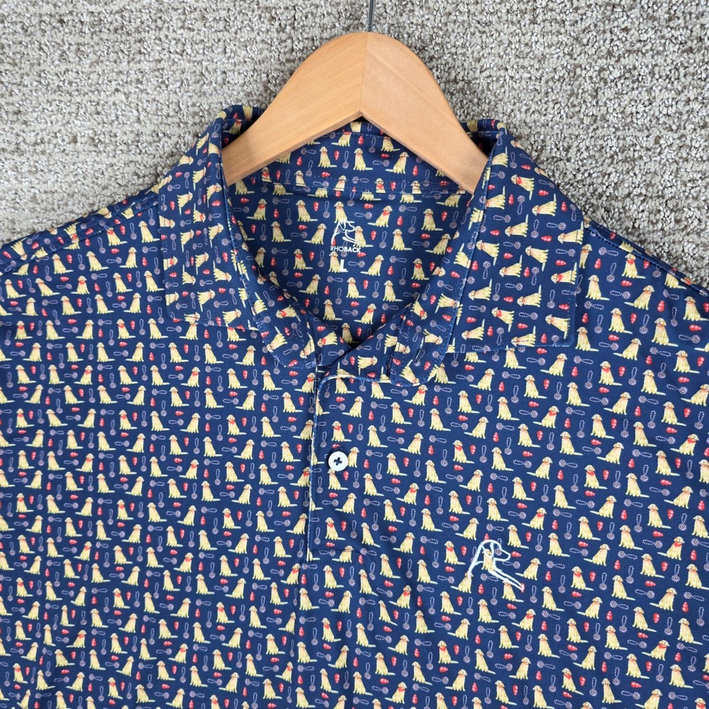 Rhoback Mens Large The Golden Boy Golden Retriever Performance Polo Shirt Navy